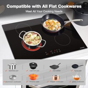 thermomate 4 Burners Electric Cooktop, 30 Inch Built in Electric Radiant Stove Top, 6000W Ceramic Glass Cooktop with Sensor Touch Control, 9 Heating Level, Chlid Lock & Timer, 220-240V Hard Wire