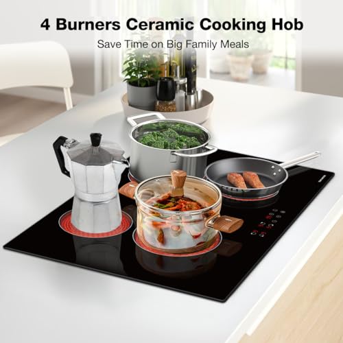 thermomate 4 Burners Electric Cooktop, 30 Inch Built in Electric Radiant Stove Top, 6000W Ceramic Glass Cooktop with Sensor Touch Control, 9 Heating Level, Chlid Lock & Timer, 220-240V Hard Wire