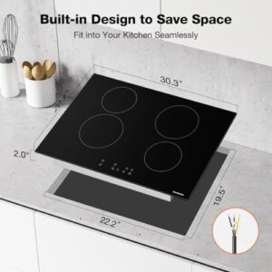 thermomate 4 Burners Electric Cooktop, 30 Inch Built in Electric Radiant Stove Top, 6000W Ceramic Glass Cooktop with Sensor Touch Control, 9 Heating Level, Chlid Lock & Timer, 220-240V Hard Wire