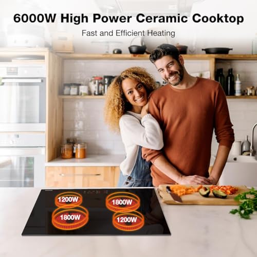 thermomate 4 Burners Electric Cooktop, 30 Inch Built in Electric Radiant Stove Top, 6000W Ceramic Glass Cooktop with Sensor Touch Control, 9 Heating Level, Chlid Lock & Timer, 220-240V Hard Wire