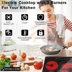 K&H 3 Burner 24 Inch Built-in Electric Stove Top Radiant Ceramic Cooktop Touch SLIDER Control 240V 6600W CE24-6605SL