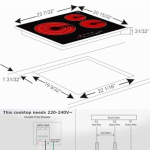 K&H 3 Burner 24 Inch Built-in Electric Stove Top Radiant Ceramic Cooktop Touch SLIDER Control 240V 6600W CE24-6605SL