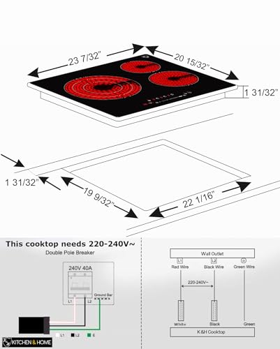 K&H 3 Burner 24 Inch Built-in Electric Stove Top Radiant Ceramic Cooktop Touch SLIDER Control 240V 6600W CE24-6605SL