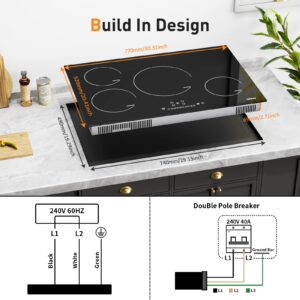 Cooktop 30 inch Induction Cooktop，Built-in 4 Burner IsEasy Induction Hob Drop-in 4 Burner Induction Stovetop, 9 Power Levels, Sensor Touch Control, Child Safety Lock, Timer