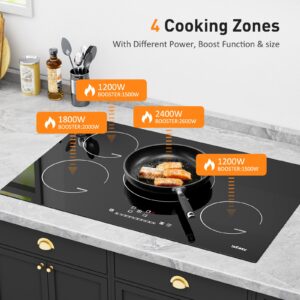 Cooktop 30 inch Induction Cooktop，Built-in 4 Burner IsEasy Induction Hob Drop-in 4 Burner Induction Stovetop, 9 Power Levels, Sensor Touch Control, Child Safety Lock, Timer