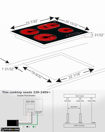 K&H 4 Burner 24 Inch Built-in Electric Stove Top Radiant Ceramic Cooktop SLIDER Touch Control 240V 7200W CE24-7206SL