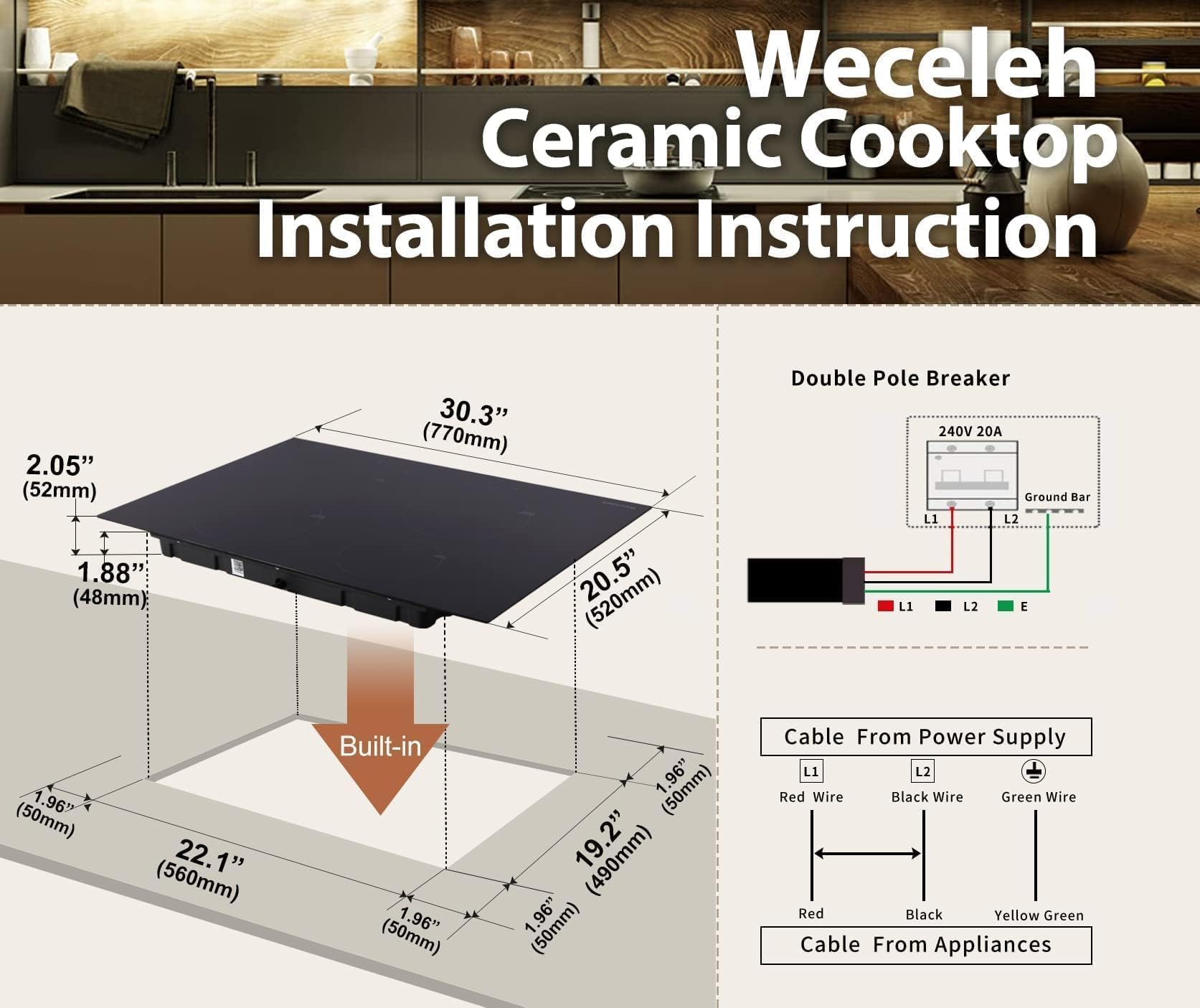 Weceleh Electric Cooktop 30 Inch, Built-in Ceramic Cooktops 6400W, Electric Stove Top with 4 Electric Burners, 9 Heating Level, Kid Safety Lock, Sensor Touch Control, 99Mins Timer, 220-240V (NO PLUG)