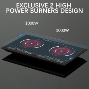 24 inch 2 Burners Electric Cooktop 110V Ceramic Electric Stove with 2 Cooktops 2000W Ajustable portable Electric Cooktop for Cooking(2 Burner Countertop round)