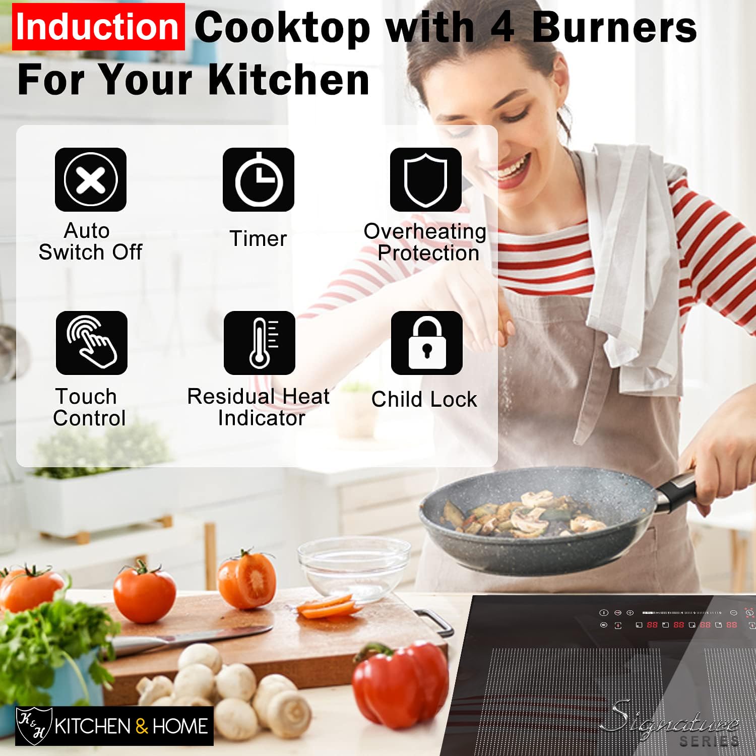 K&H SIGNATURE SERIES 4 Burner 24 Inch Built-in Induction FLEX Electric Stove Top Ceramic Cooktop SLIDER Touch Control 240V 6800W IN24-6004FLX