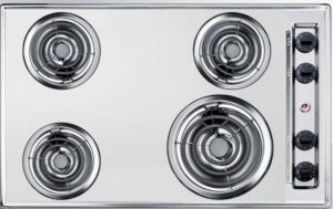 summit appliance zel05 30" wide 230v electric cooktop in chrome fits popular cutout size with 4 coil elements, chrome drip bowls, push-to-turn controls, recessed top, one 8" burner & three 6" burners