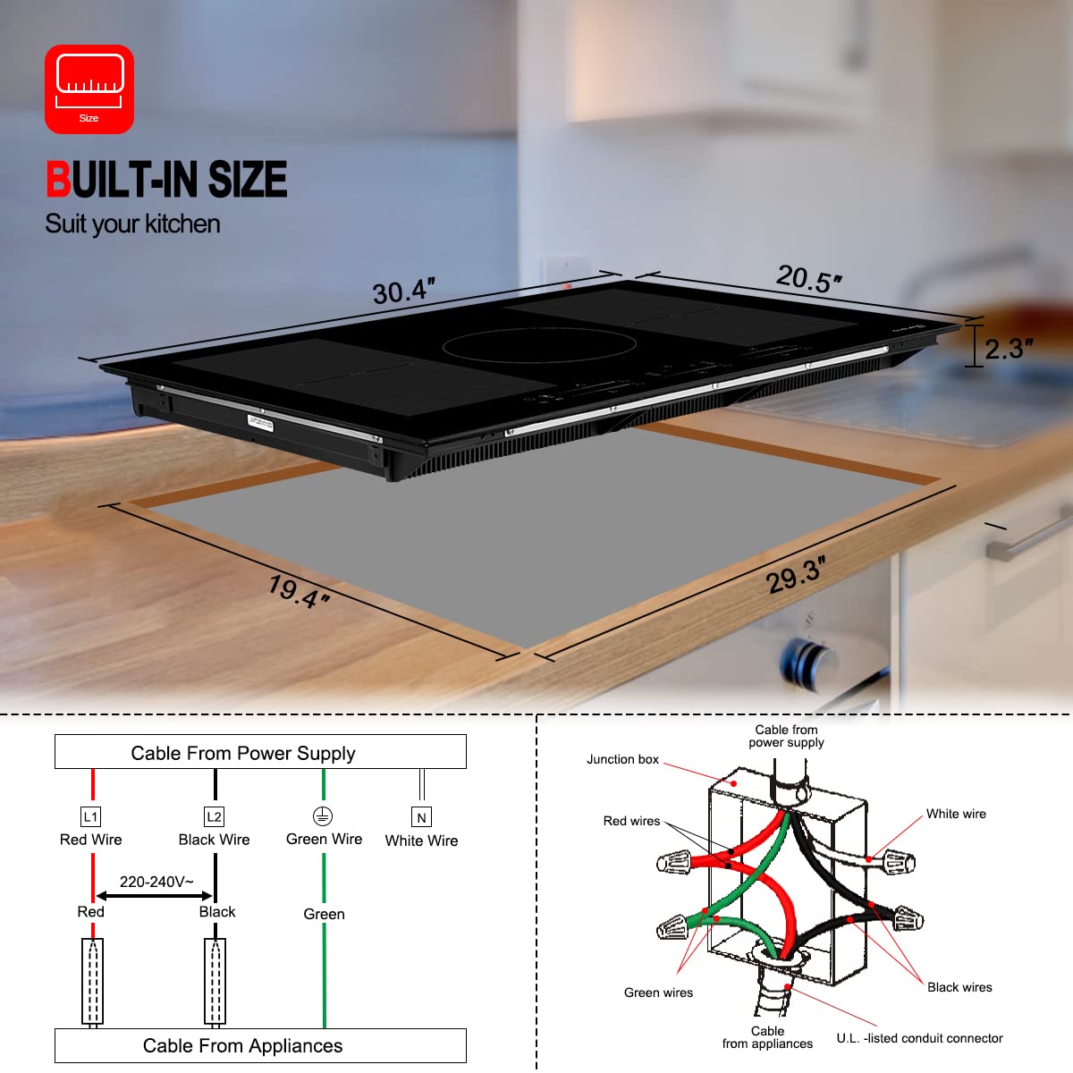 GASLAND Induction Cooktop 30 Inch, Built-in Electric Cooktop IH77BFH 5 Booster Burners Including 2 Flexi Element, 9 Power Levels, Sensor Touch Control, Safety Lock, 1-99 Minutes Timer, 240V