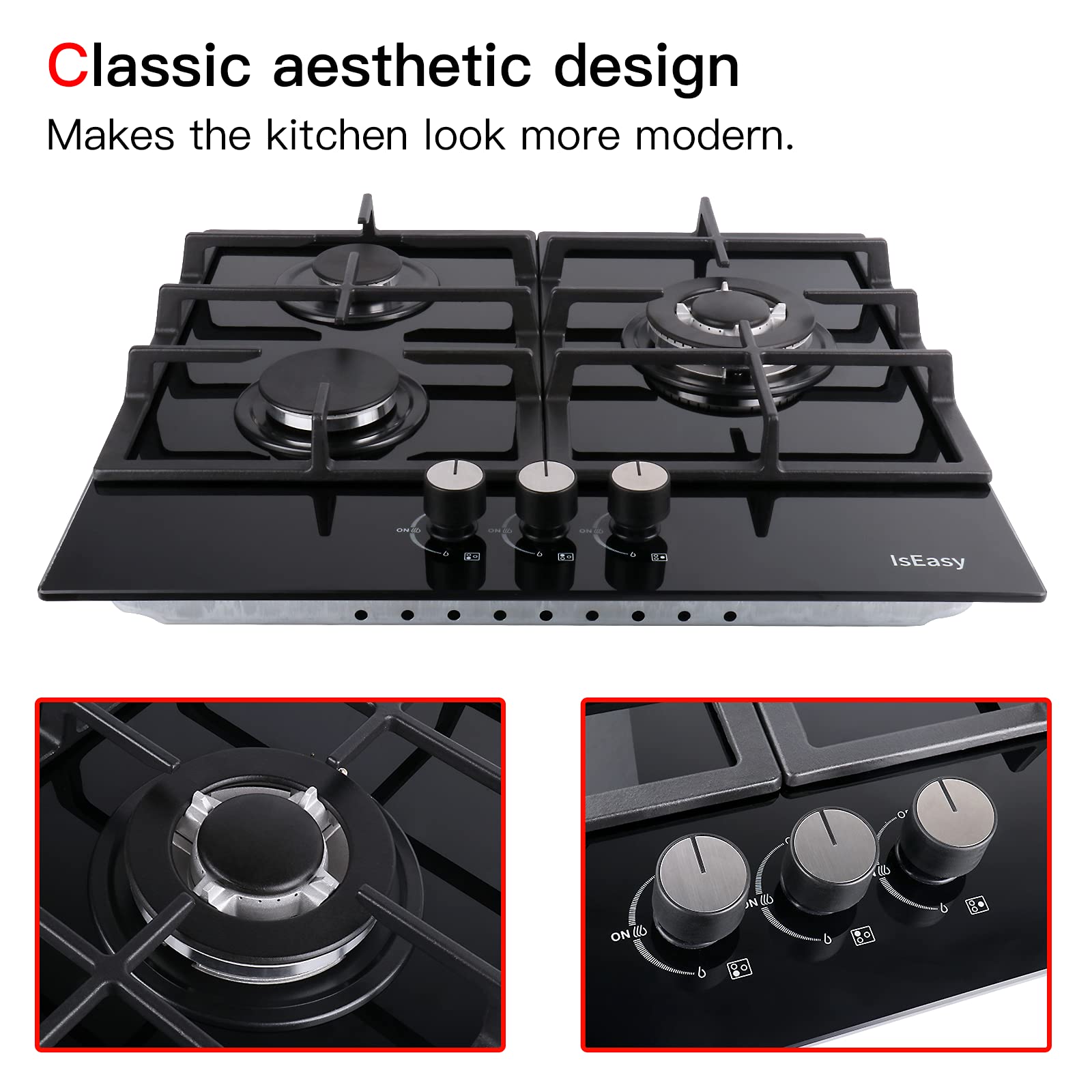 24" Built-in Gas Cooktop, 3 Burner Gas Stovetop, 24 Inch NG/LPG Convertible Natural Gas Propane Cooktops, 3 Burner Gas Stovetop With Thermocouple Protection, Black Tempered Glass-IsEasy