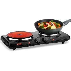 Cheftek Electric Double Burner Hot Plate - With Powerful 1700W, Adjustable Temperature Control, Portable Cooktop Compatible With All Cookware, Enamel-Coated, Non-Slip Feet, Countertop Burner