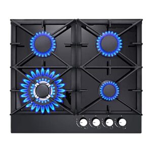 gas stove top 24 inch eascookchef,24 inch gas cooktop 4 burner,gas stove top ng/lpg convertible,black tempered glass dual burners propane cooktop with thermocouple protection,bulit-in gas hob