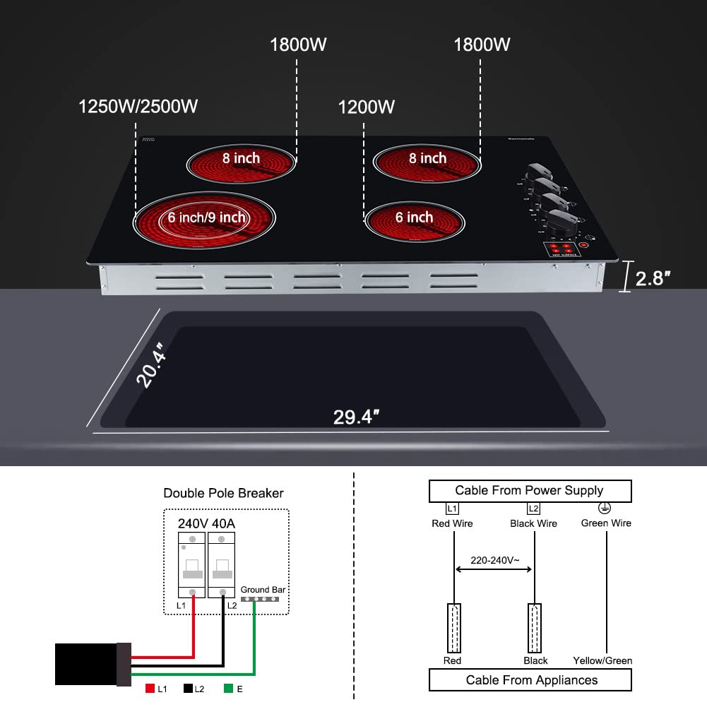 Electric Cooktop, thermomate 30 Inch Built-in Radiant Electric Stove Top, 240V Ceramic Electric Stove with 4 Burners, ETL Certified