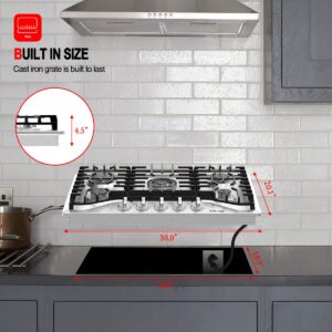 Gas Cooktop 30 Inch, GASLAND Chef 30'' Gas Stovetop, 5 Burners Gas Countertop, 41,300 BTU NG/LPG Convertible, 3.9 ft Cord Plug, 5 Italy Sabaf Sealed Burner, Auto Ignition, Thermocouple Protection