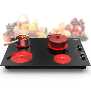 electric cooktop 30 inch, electric stove top 4 burner 7200w, potfya build-in electric ceramic cooktop for cooking, 220-240v, knob control,no plug,suitable for all pans