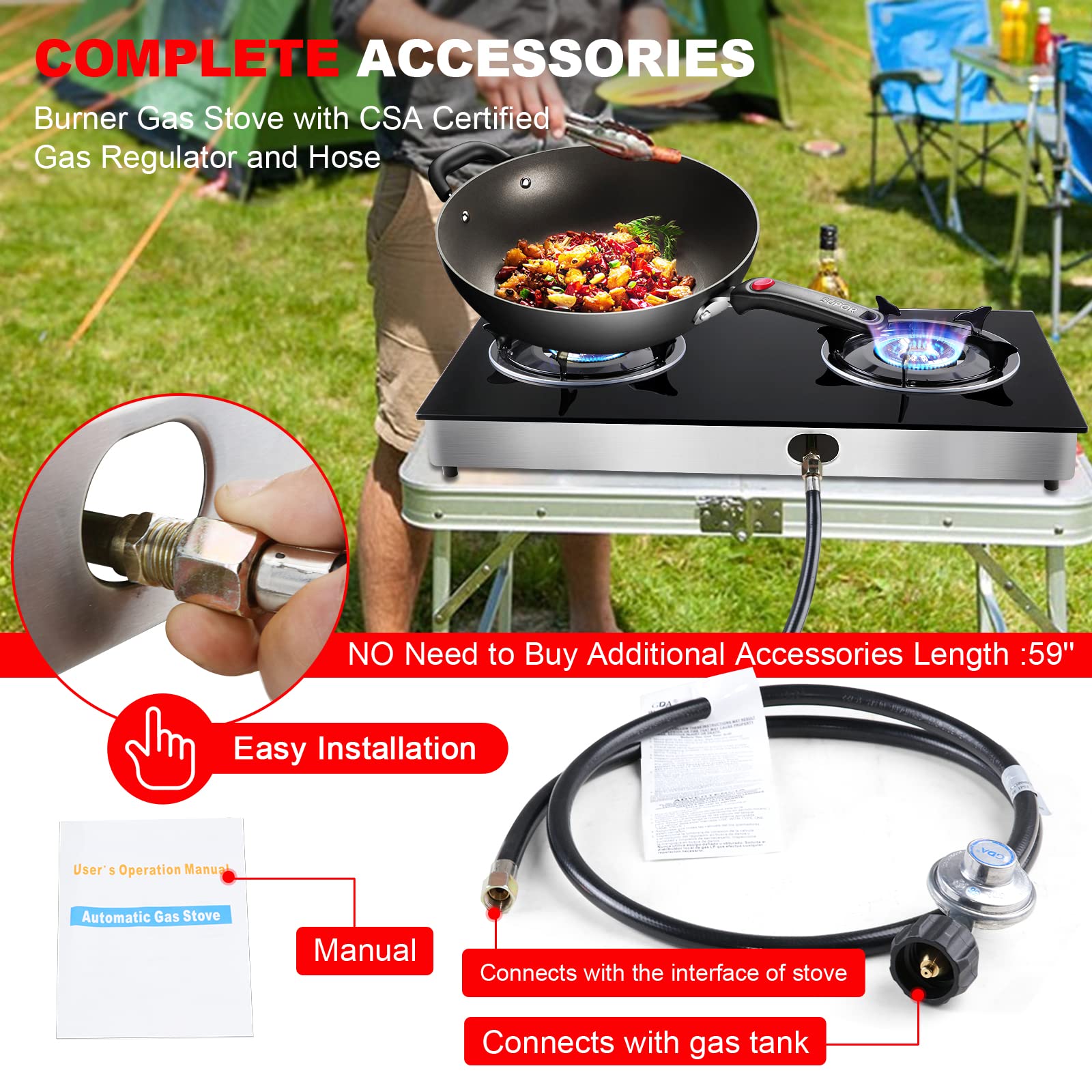 Propane Gas Cooktop 2 Burners Stove portable gas stove Tempered Glass Double Auto Ignition Camping Burner LPG for RV, Apartments, Outdoor