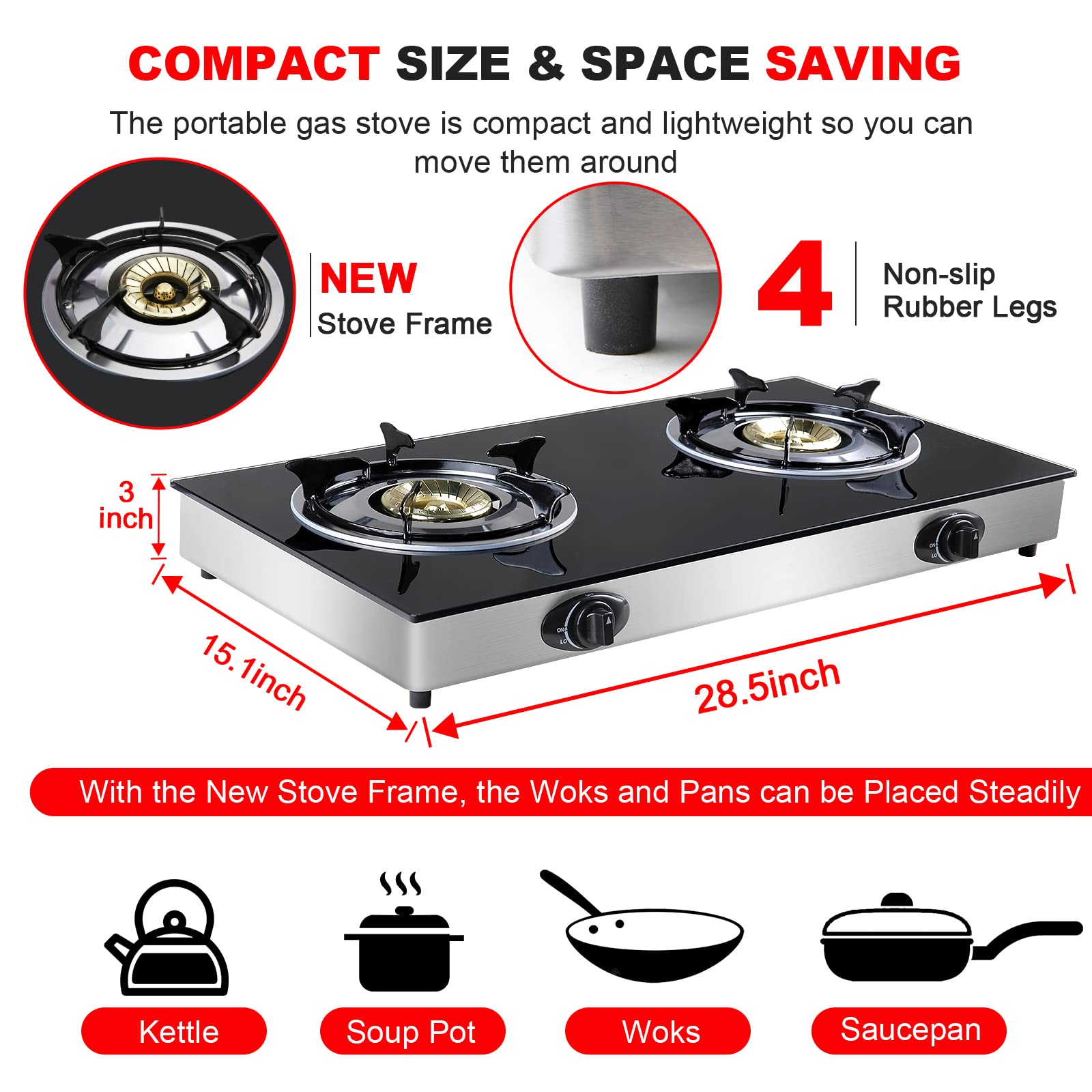 Propane Gas Cooktop 2 Burners Stove portable gas stove Tempered Glass Double Auto Ignition Camping Burner LPG for RV, Apartments, Outdoor