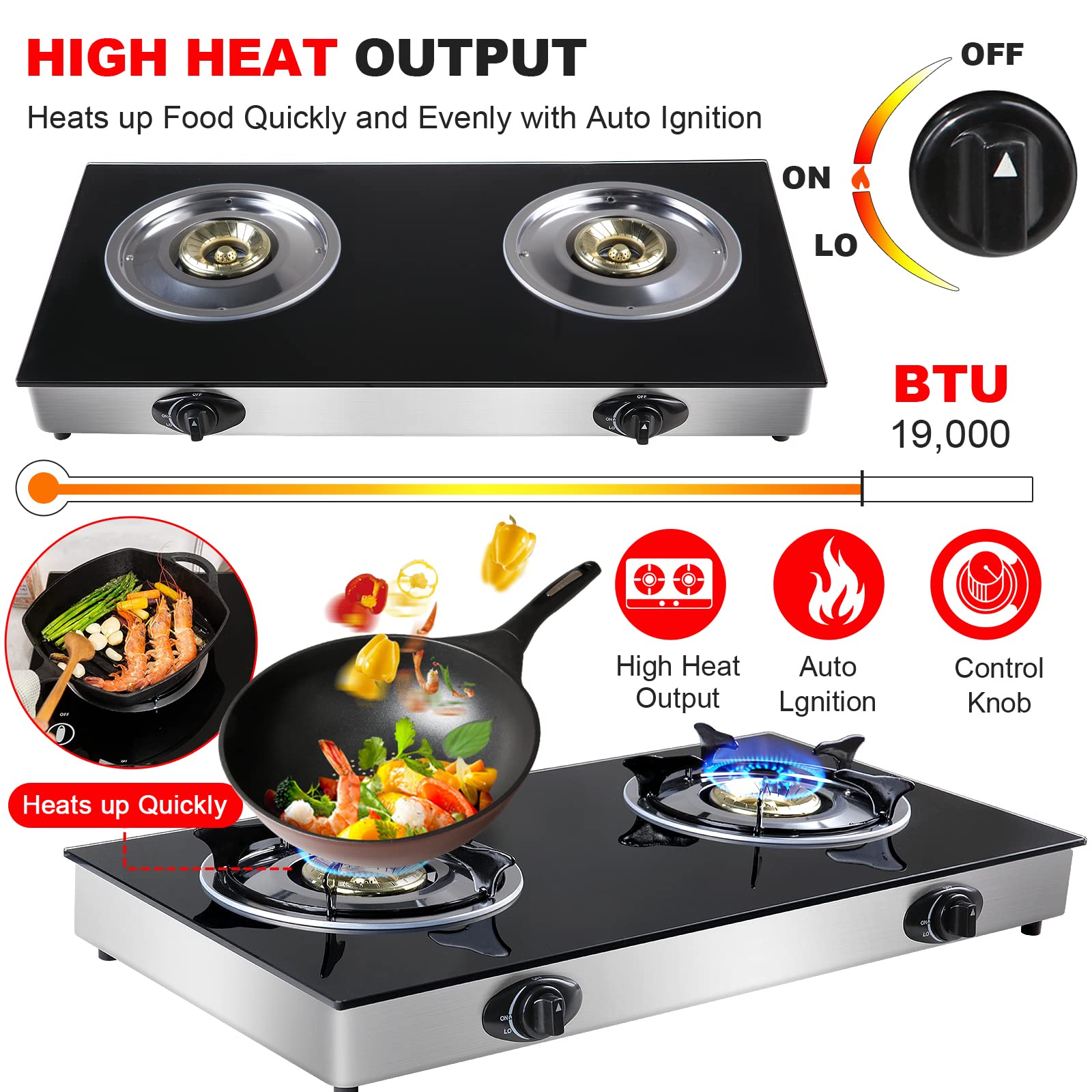 Propane Gas Cooktop 2 Burners Stove portable gas stove Tempered Glass Double Auto Ignition Camping Burner LPG for RV, Apartments, Outdoor