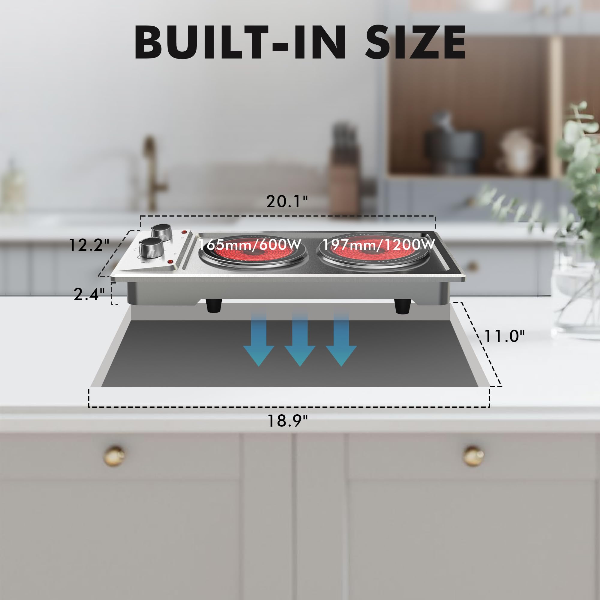 2 Burner Electric Cooktop 110v, Plug in Stainless Steel Electric Stove Top 12 inch Knob Control Countertop & Built-in Radiant Electric Stove with Residual Heat Indicator, Over-Temperature Protection