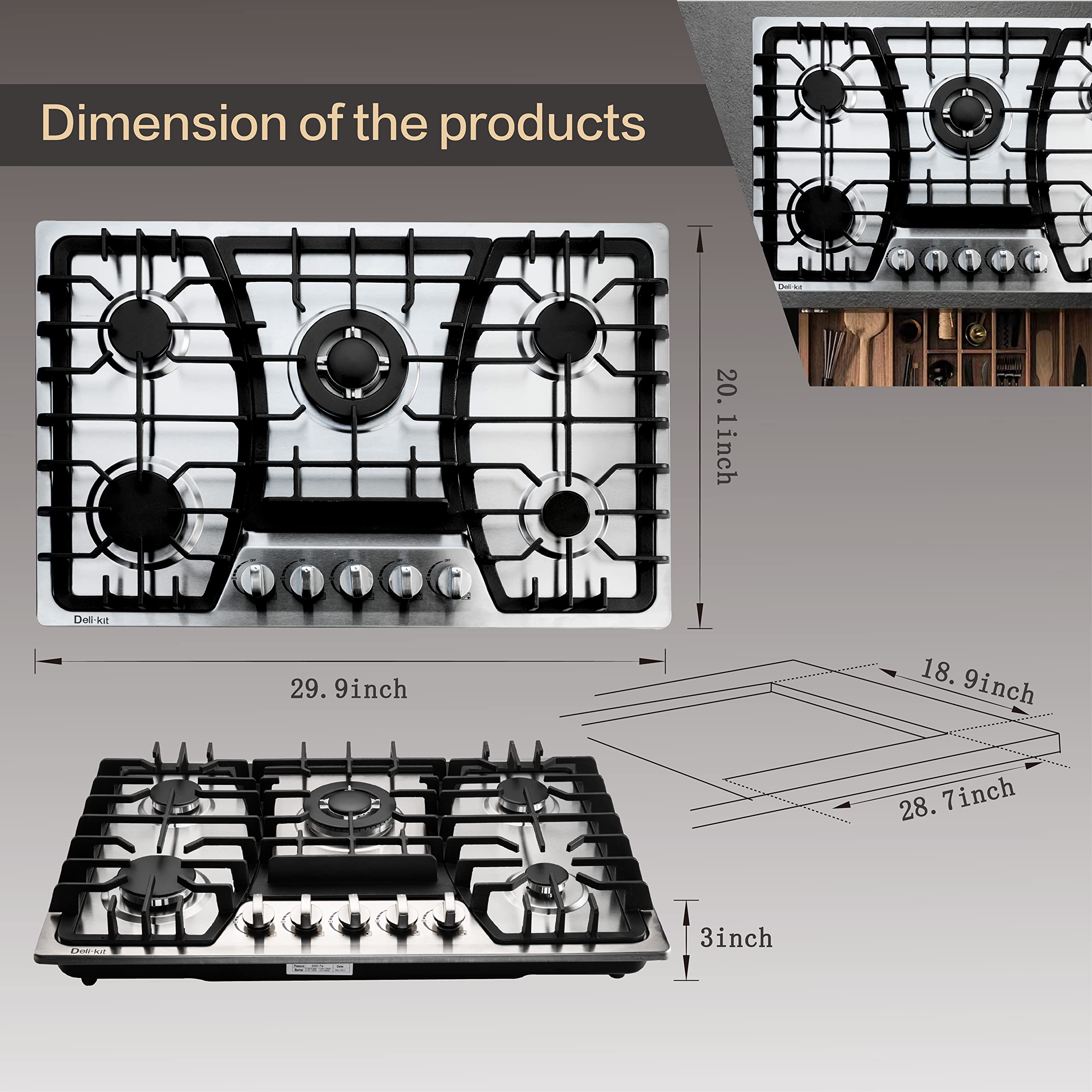Deli-kit 30 inch Gas Cooktops Dual Fuel Sealed 5 Burners Gas Cooktop Built-In Stainless Steel Gas Hob DK257-A03 Gas Cooktop