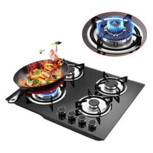 23.23"Tempered Glass Gas Cooktop,Electric 4 Burners Gas Stoves Top, Drop-in Gas Hob Dual Fuel LPG/NG Gas Cooker Stovetop Built-in Gas Stove 4 Burners for Home Kitchen/Commercial Restaurant Black,3300W