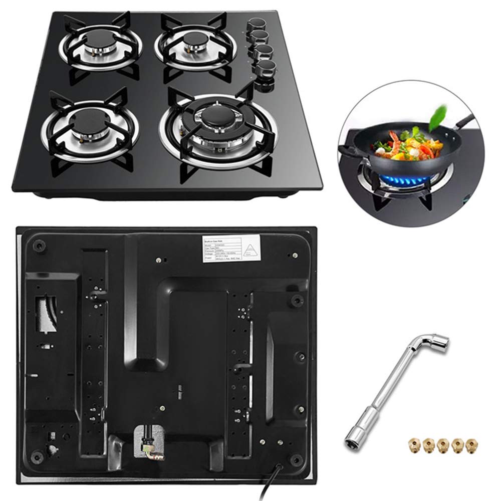 23.23"Tempered Glass Gas Cooktop,Electric 4 Burners Gas Stoves Top, Drop-in Gas Hob Dual Fuel LPG/NG Gas Cooker Stovetop Built-in Gas Stove 4 Burners for Home Kitchen/Commercial Restaurant Black,3300W