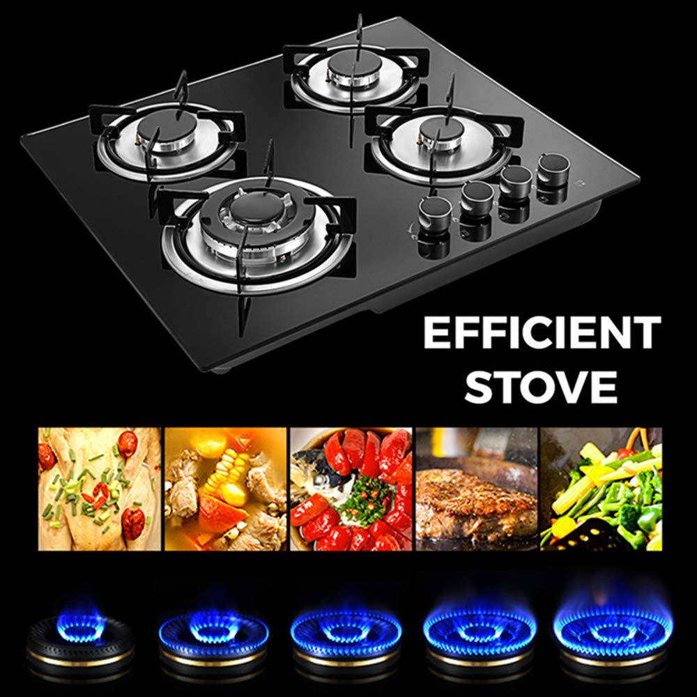 23.23"Tempered Glass Gas Cooktop,Electric 4 Burners Gas Stoves Top, Drop-in Gas Hob Dual Fuel LPG/NG Gas Cooker Stovetop Built-in Gas Stove 4 Burners for Home Kitchen/Commercial Restaurant Black,3300W