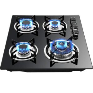 23.23"Tempered Glass Gas Cooktop,Electric 4 Burners Gas Stoves Top, Drop-in Gas Hob Dual Fuel LPG/NG Gas Cooker Stovetop Built-in Gas Stove 4 Burners for Home Kitchen/Commercial Restaurant Black,3300W