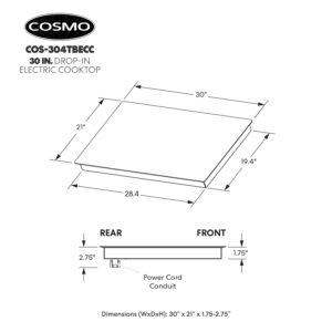 COSMO COS-304TBECC Electric Ceramic Glass Cooktop with 4 Burners, Dual Zone Element, Hot Surface Indicator Light, 30 inch Touch Controls, Black