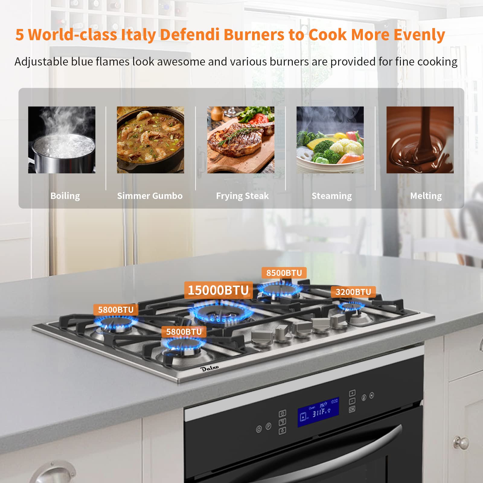 30 Inch Gas Cooktop with 6 Metal Knob, Dalxo 5 Italy Defendi Burner Gas Stovetop, Food-grade Stainless Steel Built-In Gas Hob, NG/LPG Convertible Gas Range Top for Kitchen, Thermocouple Protection