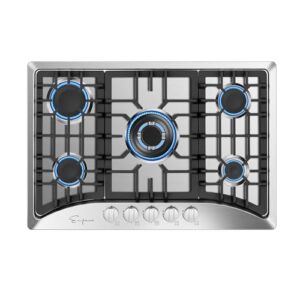 empava 30 inch gas cooktop with 5 world class made in italy sabaf burners, lpg/ng convertible, ideal rv top stoves for kitchen, stainless steel