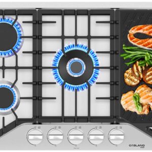 30 Inch Gas Cooktop with Griddle, GASLAND Chef PRO GH3305SF Gas Stovetop with 5 Burners, Reversible Cast Iron Grill/Griddle, 120V Plug-in, NG/LPG Convertible, CSA certified, Stainless Steel