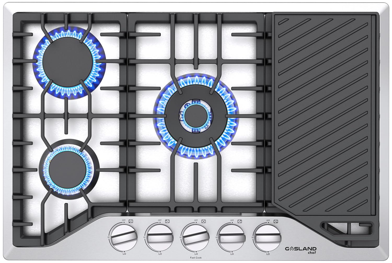 30 Inch Gas Cooktop with Griddle, GASLAND Chef PRO GH3305SF Gas Stovetop with 5 Burners, Reversible Cast Iron Grill/Griddle, 120V Plug-in, NG/LPG Convertible, CSA certified, Stainless Steel