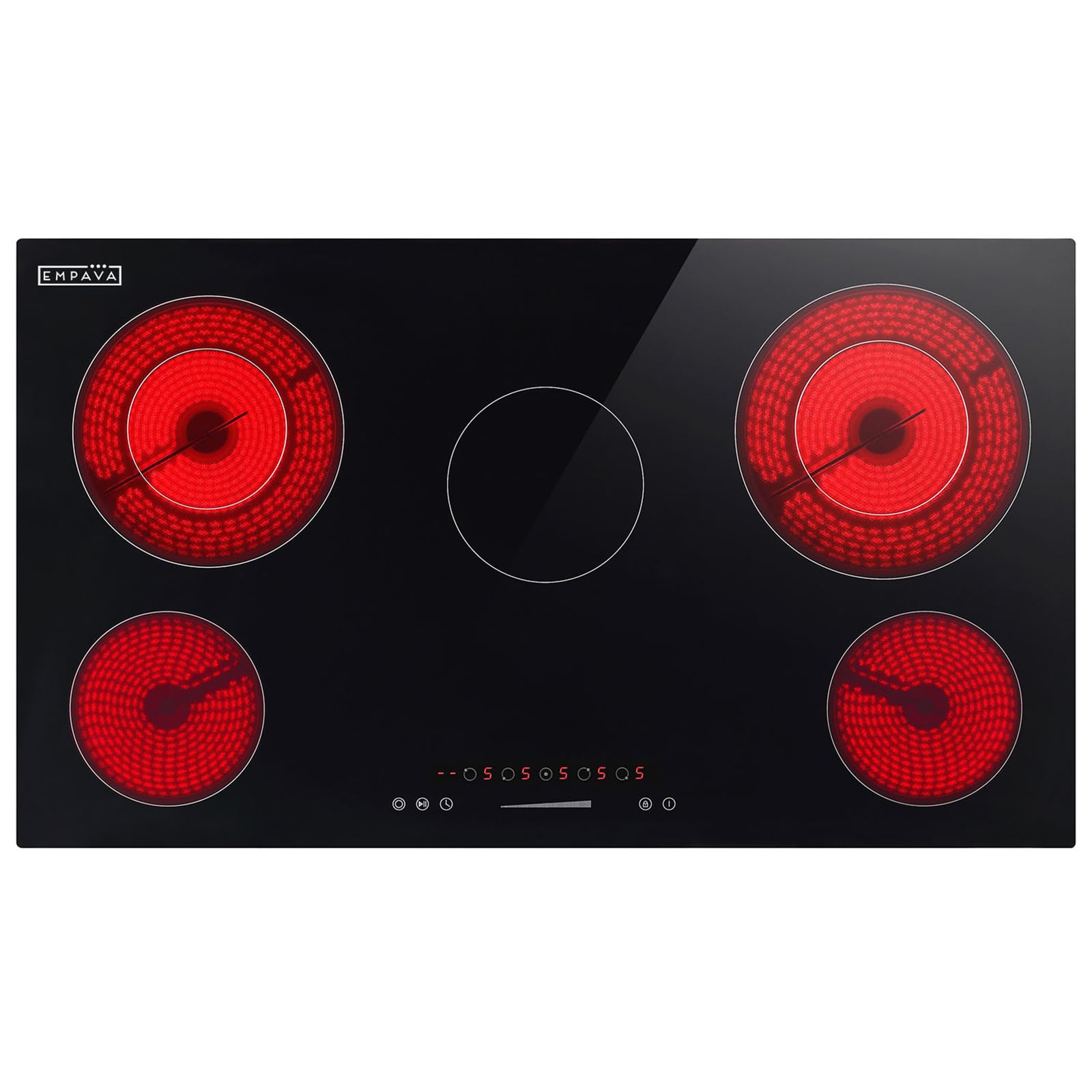 Empava Electric Stove Built in Radiant Ceramic Cooktop with Glass Smooth Surface 5 Burners with Dual Element and Warm Zone,7700W,220-240v Hard Wired, No Plug, ETL Certified, 36 inch, Black