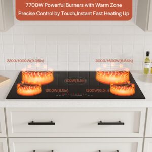 Empava Electric Stove Built in Radiant Ceramic Cooktop with Glass Smooth Surface 5 Burners with Dual Element and Warm Zone,7700W,220-240v Hard Wired, No Plug, ETL Certified, 36 inch, Black