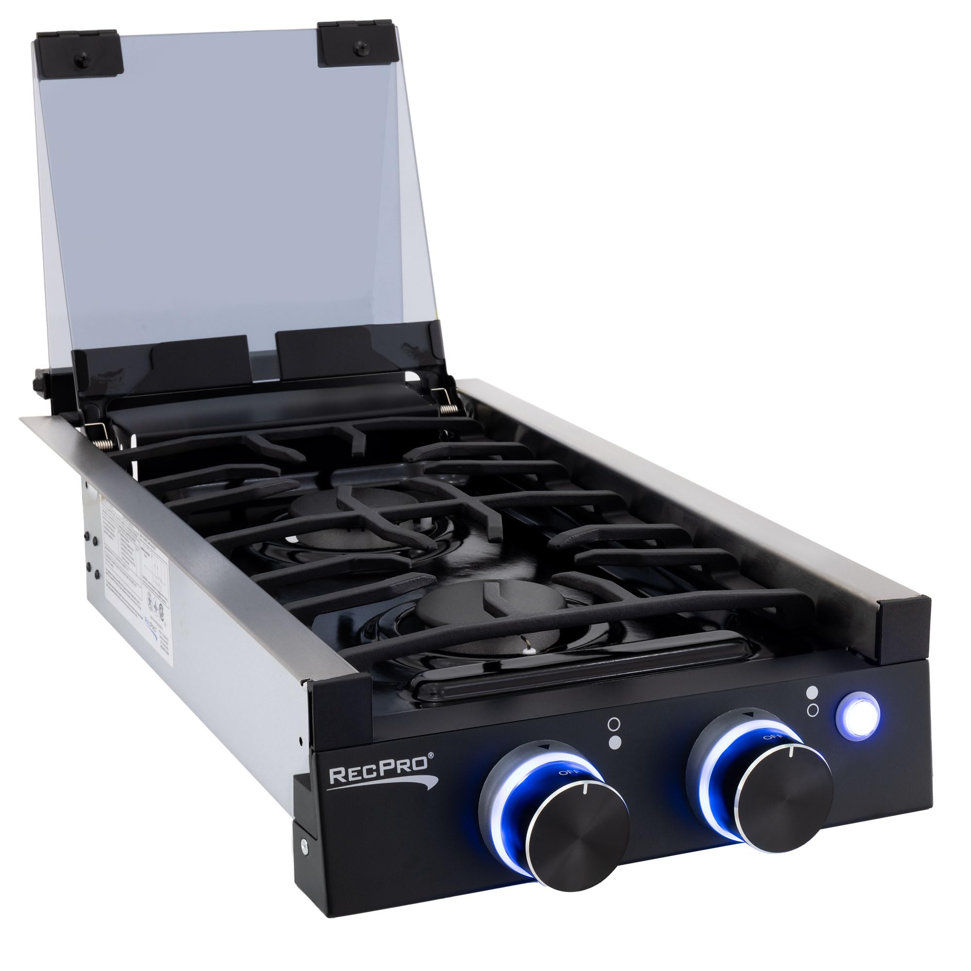 RecPro RV Built In Gas Cooktop | 2 Burner or 3 Burner | RV Cooktop Stove | 6,500 and 8,000 BTU Burners | Cover Included (Black, 2-Burner)