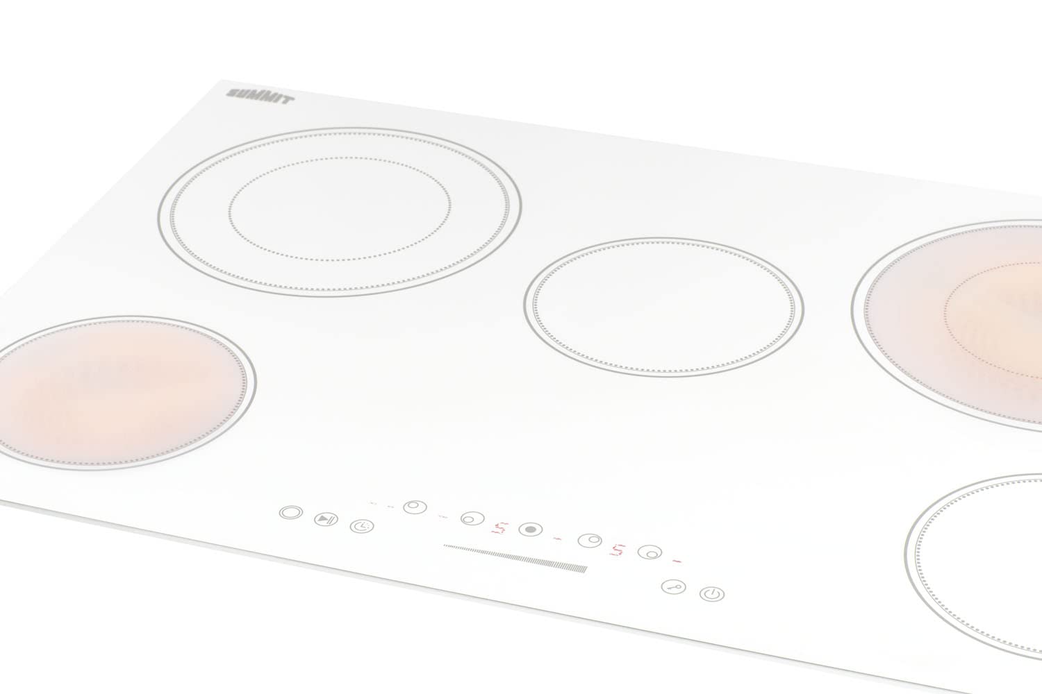 Summit Appliance CR5B30T8W 30" Wide 5-Burner Radiant Cooktop, White, Ceramic Glass Surface, Digital Touch Controls, 9 Power Levels, Programmable Timer, Residual Heat Indicator, 208-240v Operation