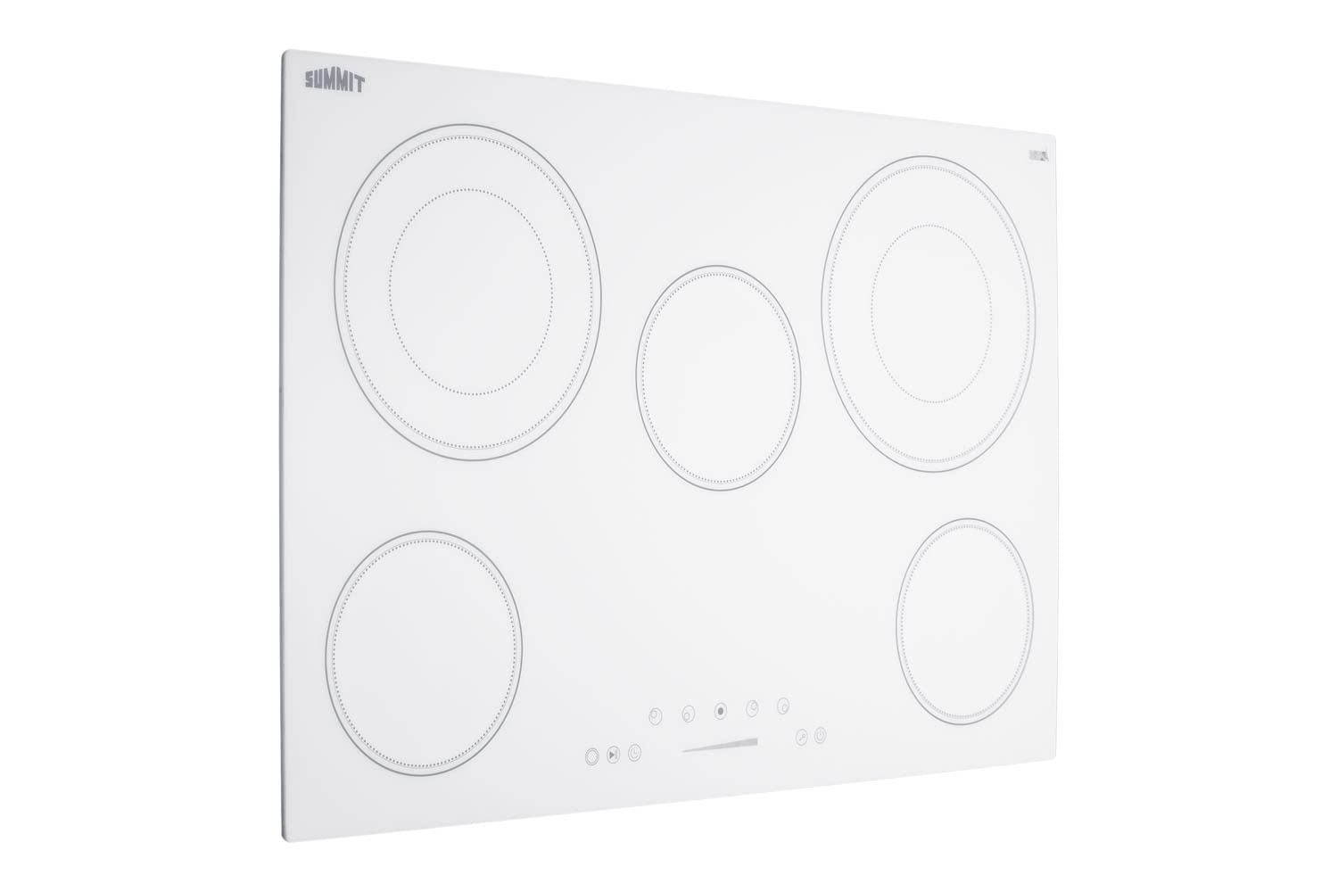 Summit Appliance CR5B30T8W 30" Wide 5-Burner Radiant Cooktop, White, Ceramic Glass Surface, Digital Touch Controls, 9 Power Levels, Programmable Timer, Residual Heat Indicator, 208-240v Operation