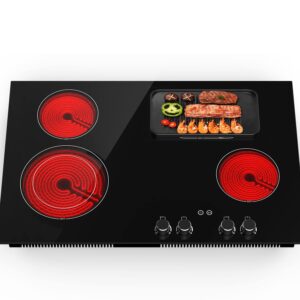 QTYANCY Electric Cooktop, 30 Inch Built-in Electric Smoothtop with 4 Elements, Touch & Knob Control, 9 Heating Levels, Child Lock, Timer, Hot Surface Indicator, 6800W Electric Stove Top Hot Plate