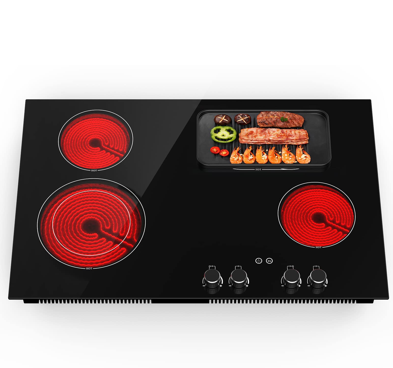 QTYANCY Electric Cooktop, 30 Inch Built-in Electric Smoothtop with 4 Elements, Touch & Knob Control, 9 Heating Levels, Child Lock, Timer, Hot Surface Indicator, 6800W Electric Stove Top Hot Plate