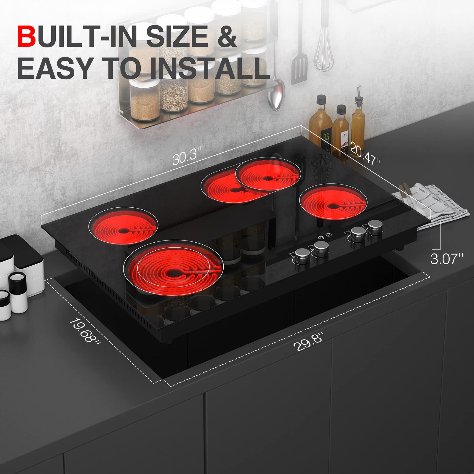 QTYANCY Electric Cooktop, 30 Inch Built-in Electric Smoothtop with 4 Elements, Touch & Knob Control, 9 Heating Levels, Child Lock, Timer, Hot Surface Indicator, 6800W Electric Stove Top Hot Plate