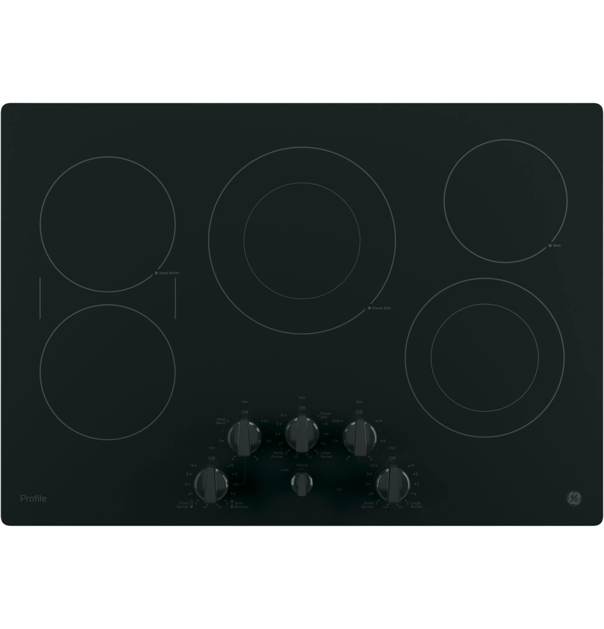 GE PP7030DJBB 30 Inch Electric Cooktop with 5 Radiant, Bridge SyncBurners, 9/6 Inch Power Boil Element, Keep Warm Setting, Red LED Backlit Knobs, ADA Compliant Fits Guarantee