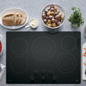 GE PP7030DJBB 30 Inch Electric Cooktop with 5 Radiant, Bridge SyncBurners, 9/6 Inch Power Boil Element, Keep Warm Setting, Red LED Backlit Knobs, ADA Compliant Fits Guarantee