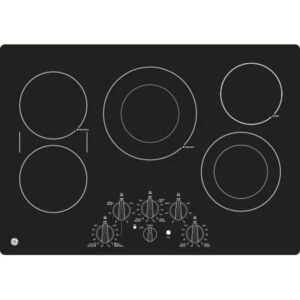 GE PP7030DJBB 30 Inch Electric Cooktop with 5 Radiant, Bridge SyncBurners, 9/6 Inch Power Boil Element, Keep Warm Setting, Red LED Backlit Knobs, ADA Compliant Fits Guarantee