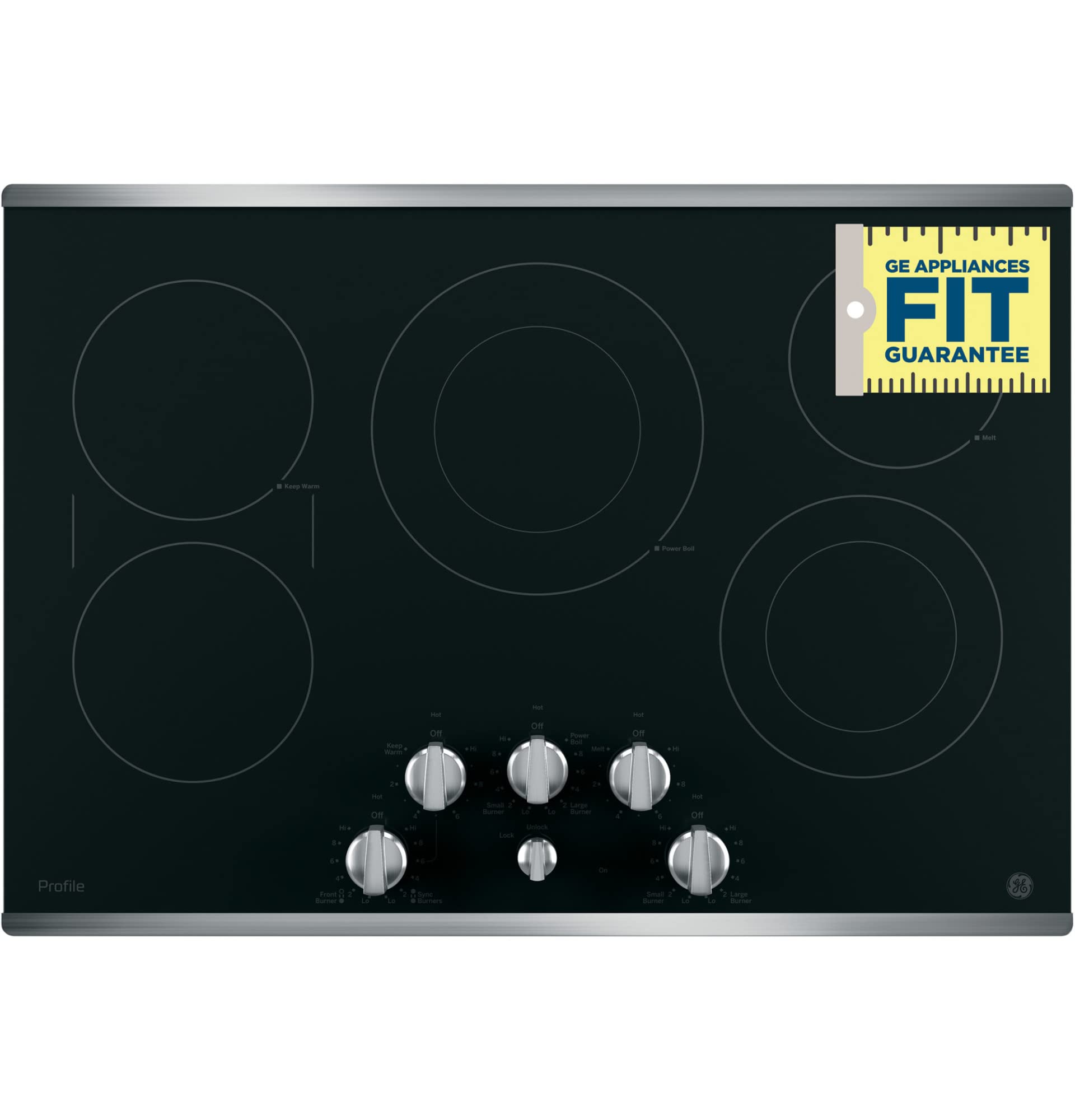 GE PP7030DJBB 30 Inch Electric Cooktop with 5 Radiant, Bridge SyncBurners, 9/6 Inch Power Boil Element, Keep Warm Setting, Red LED Backlit Knobs, ADA Compliant Fits Guarantee