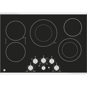 GE PP7030DJBB 30 Inch Electric Cooktop with 5 Radiant, Bridge SyncBurners, 9/6 Inch Power Boil Element, Keep Warm Setting, Red LED Backlit Knobs, ADA Compliant Fits Guarantee