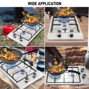 12" Gas Cooktops, 2 Burner Drop-in Propane/Natural Gas Cooker, 12 Inch Stainless Steel Gas Stove Top Dual Fuel Easy to Clean (12Wx20L)