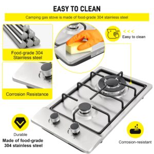 12" Gas Cooktops, 2 Burner Drop-in Propane/Natural Gas Cooker, 12 Inch Stainless Steel Gas Stove Top Dual Fuel Easy to Clean (12Wx20L)